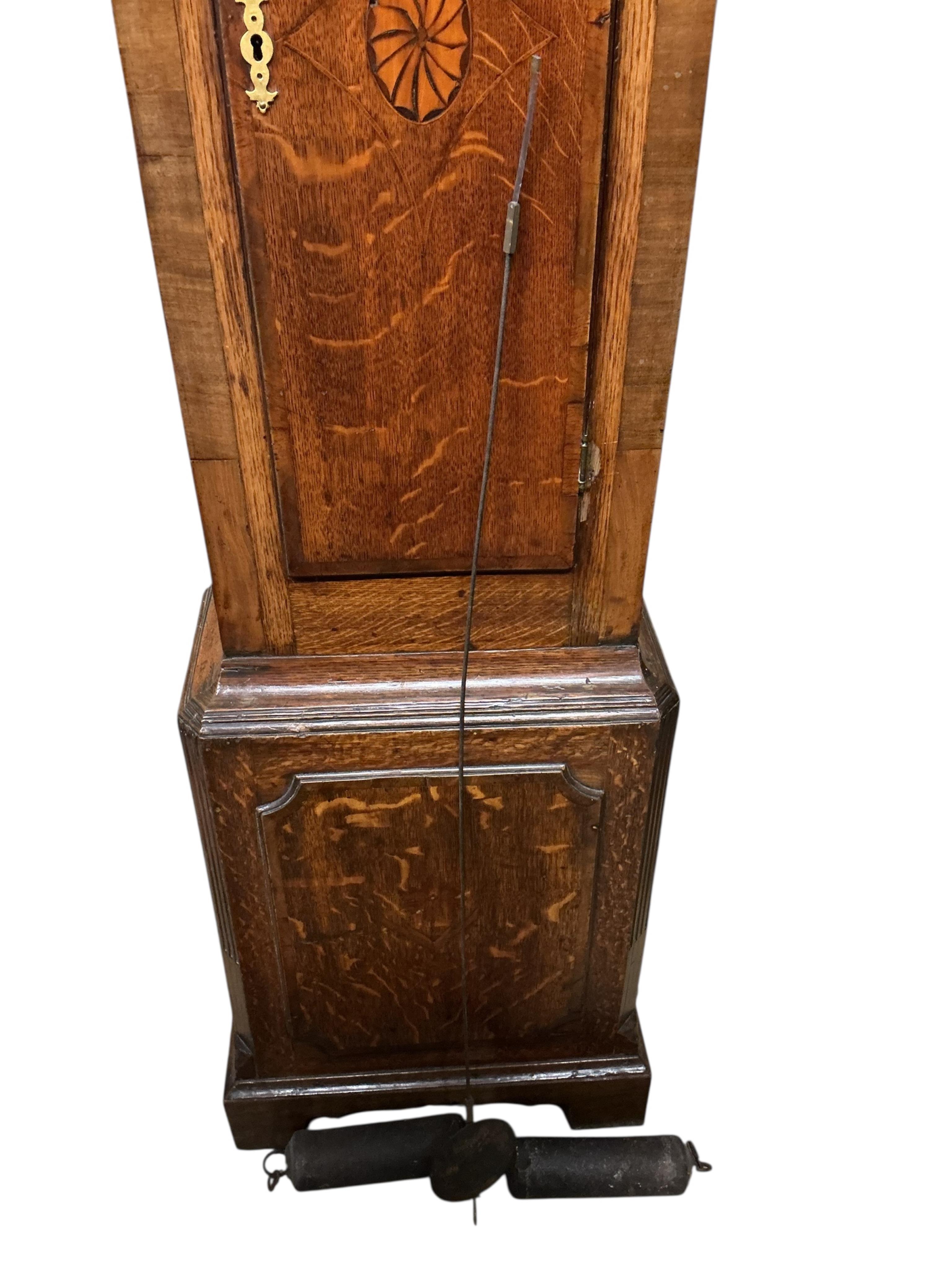 An early 19th century mahogany banded oak eight day longcase clock, marked J Verow, Hinkley, height 229cm